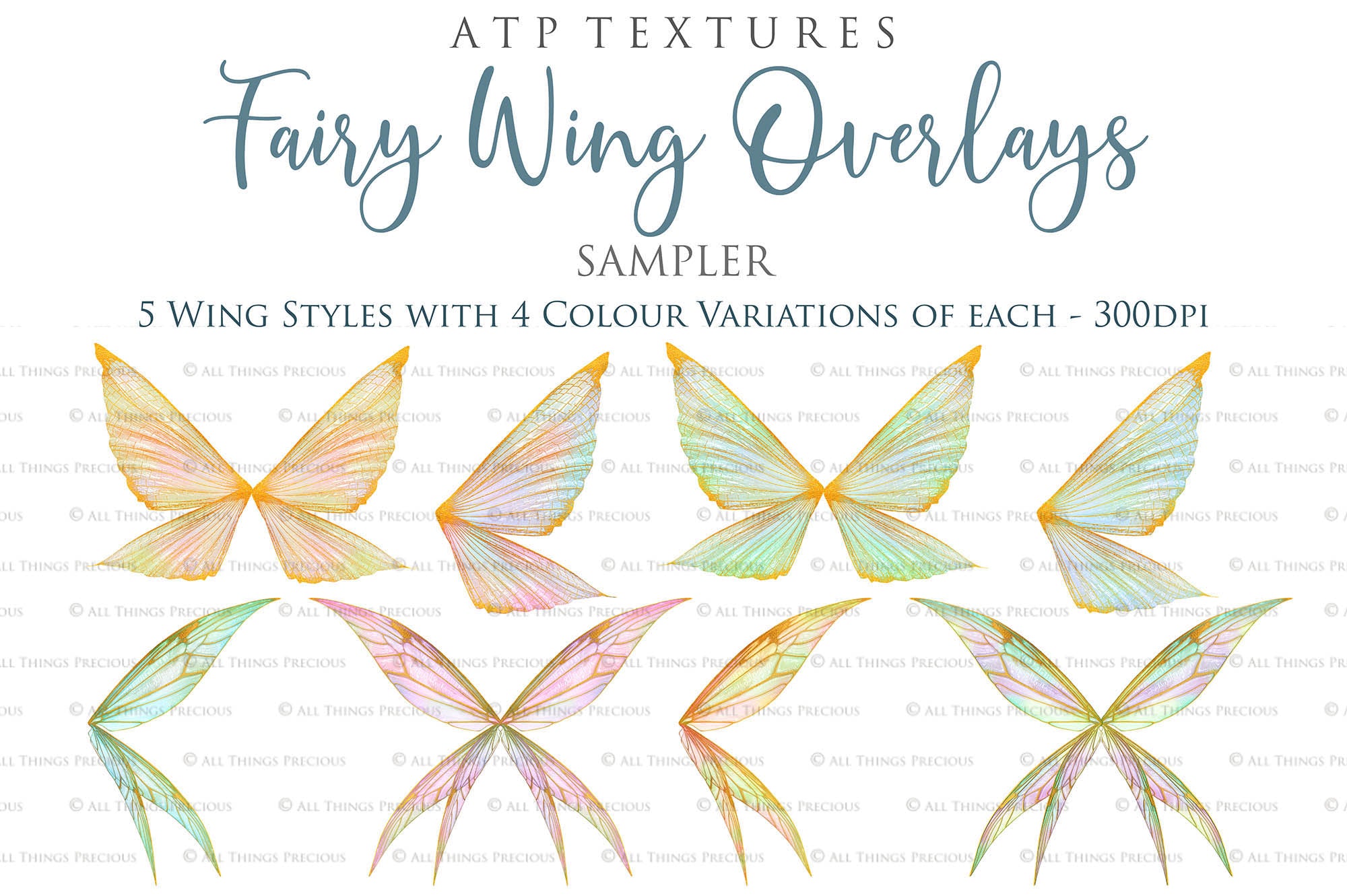 Colour Sparkling fairy wings, Png overlays for photoshop. High resolution transparent, see through wings. Fairycore, Cosplay, Photographers, Photoshop Edits, Digital overlay for photography. Digital stock and resources. Graphic design. Colourful, Gold, Fantasy Wing Bundle. Assets for Fine Art design. By ATP Textures
